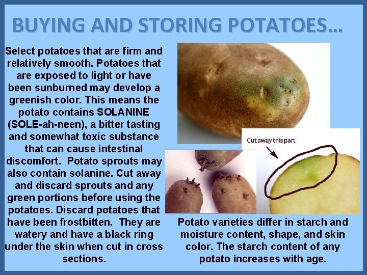 BUYING AND STORING POTATOES… Select potatoes that are firm and relatively smooth. Potatoes that