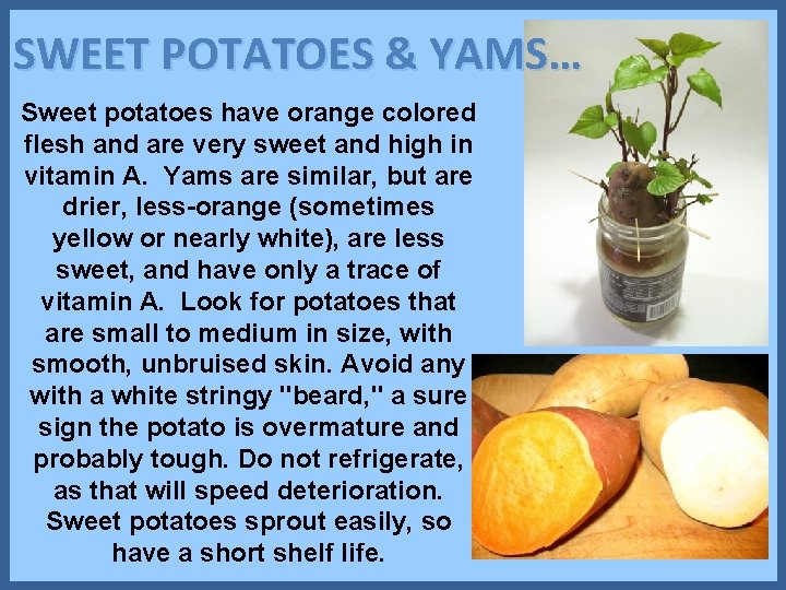 SWEET POTATOES & YAMS… Sweet potatoes have orange colored flesh and are very sweet