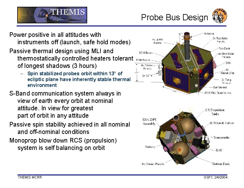 Probe Bus Design Power positive in all attitudes with instruments off (launch, safe hold