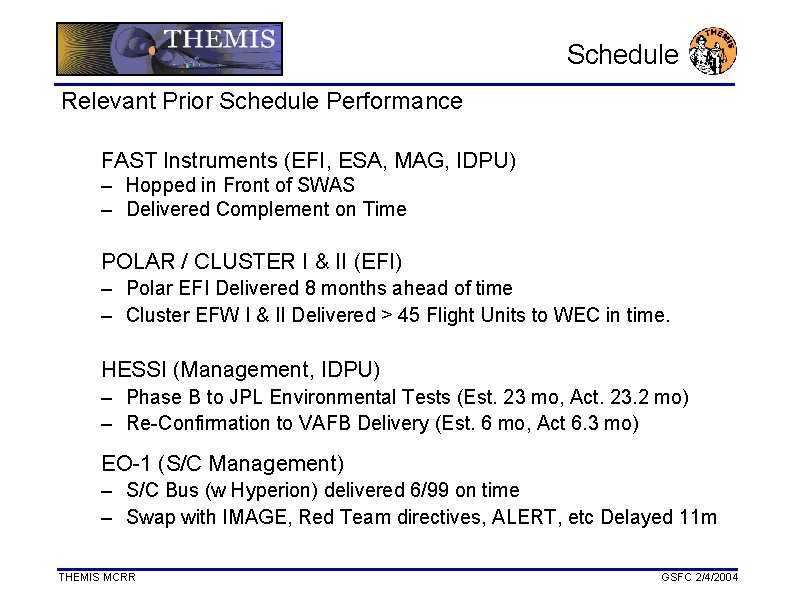 Schedule Relevant Prior Schedule Performance FAST Instruments (EFI, ESA, MAG, IDPU) – Hopped in