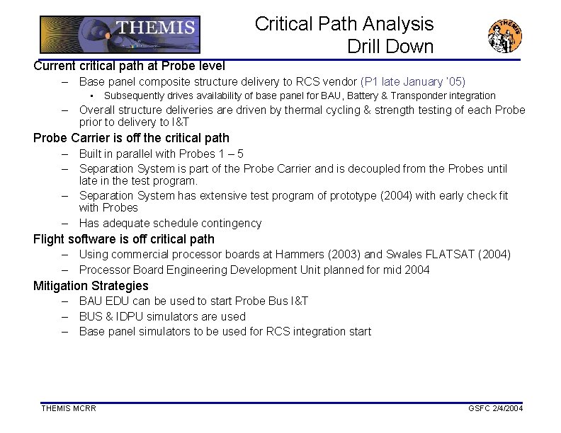 Critical Path Analysis Drill Down Current critical path at Probe level – Base panel