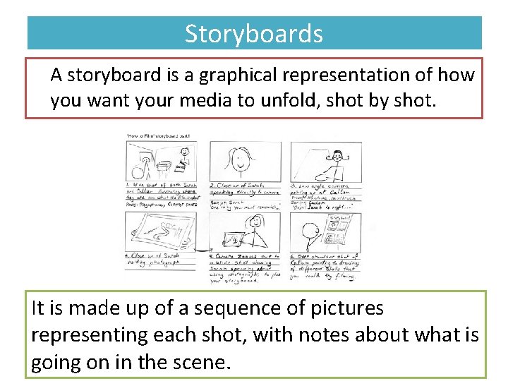 Storyboards A storyboard is a graphical representation of how you want your media to