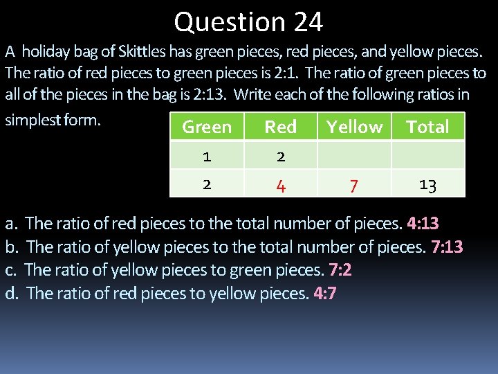 Question 24 A holiday bag of Skittles has green pieces, red pieces, and yellow