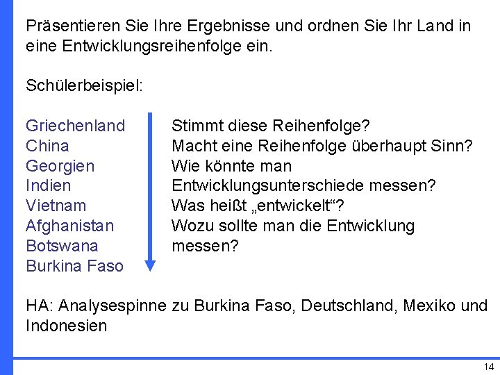 Präsentieren Sie Ihre Ergebnisse und ordnen Sie Ihr Land in eine Entwicklungsreihenfolge ein. Schülerbeispiel: