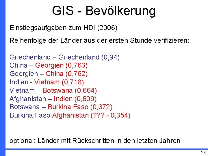 GIS - Bevölkerung Einstiegsaufgaben zum HDI (2006) Reihenfolge der Länder aus der ersten Stunde