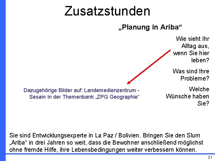 Zusatzstunden „Planung in Ariba“ Wie sieht Ihr Alltag aus, wenn Sie hier leben? Was