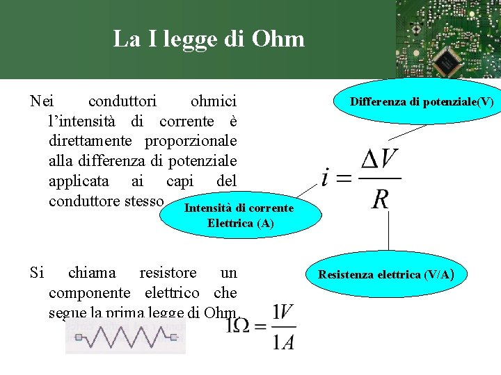 La I legge di Ohm Nei conduttori ohmici l’intensità di corrente è direttamente proporzionale