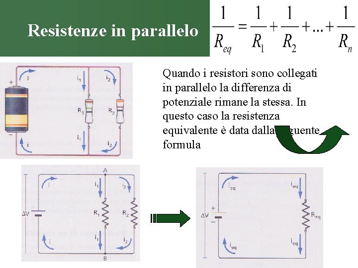 Resistenze in parallelo Quando i resistori sono collegati in parallelo la differenza di potenziale