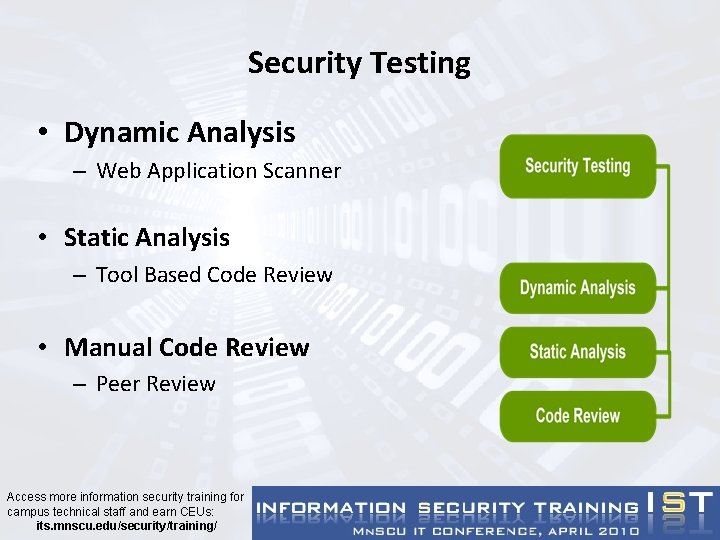 Security Testing • Dynamic Analysis – Web Application Scanner • Static Analysis – Tool