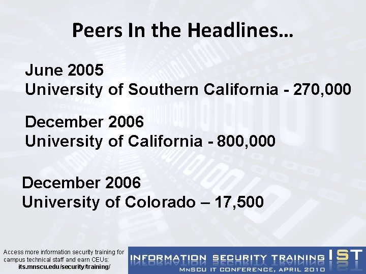 Peers In the Headlines… June 2005 University of Southern California - 270, 000 December