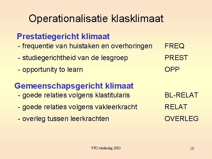 Operationalisatie klasklimaat Prestatiegericht klimaat - frequentie van huistaken en overhoringen FREQ - studiegerichtheid van