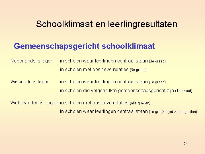 Schoolklimaat en leerlingresultaten Gemeenschapsgericht schoolklimaat Nederlands is lager in scholen waar leerlingen centraal staan