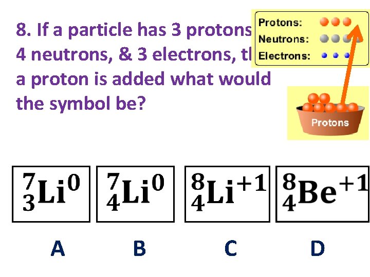 8. If a particle has 3 protons, 4 neutrons, & 3 electrons, then a