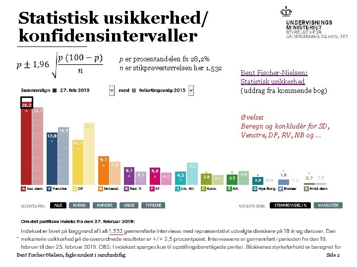 Statistisk usikkerhed/ konfidensintervaller • p er procentandelen fx 28, 2% n er stikprøvestørrelsen her