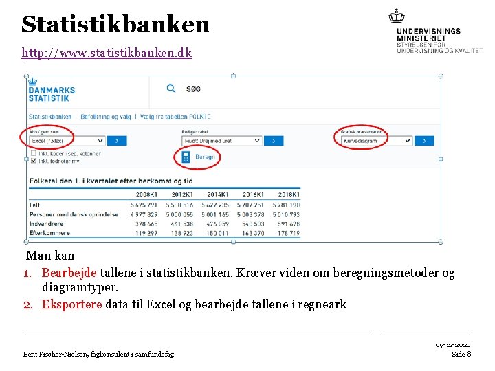 Statistikbanken http: //www. statistikbanken. dk Man kan 1. Bearbejde tallene i statistikbanken. Kræver viden