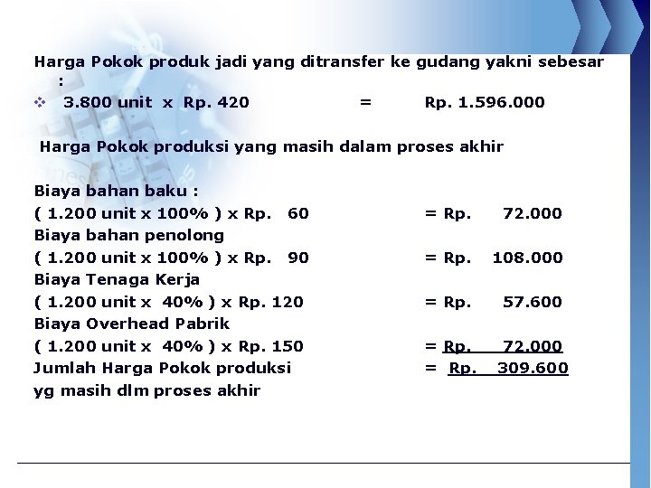 Harga Pokok produk jadi yang ditransfer ke gudang yakni sebesar : v 3. 800