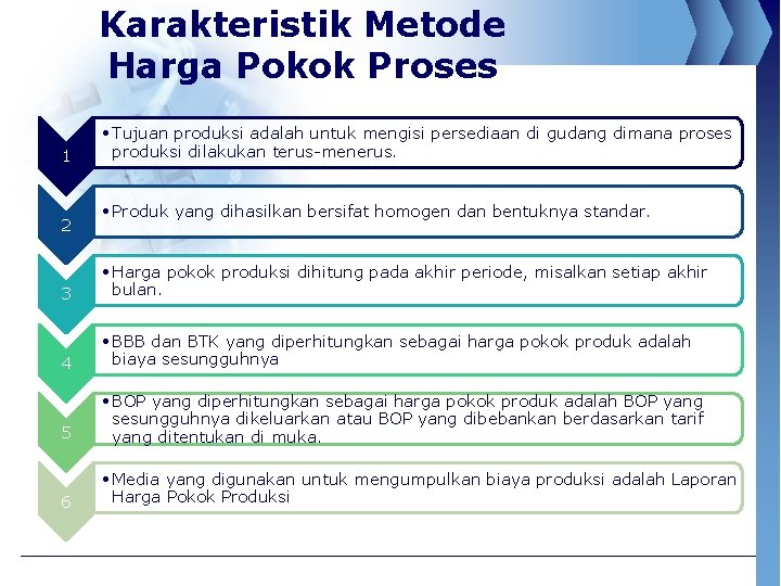Karakteristik Metode Harga Pokok Proses 1 2 • Tujuan produksi adalah untuk mengisi persediaan