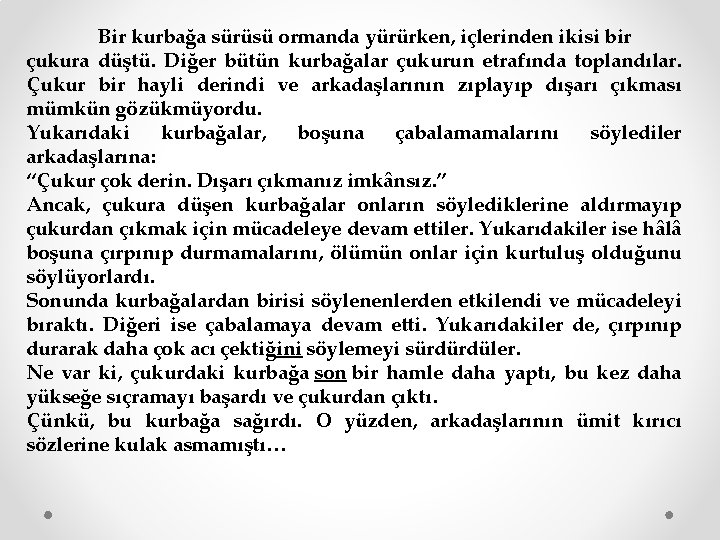 Bir kurbağa sürüsü ormanda yürürken, içlerinden ikisi bir çukura düştü. Diğer bütün kurbağalar çukurun