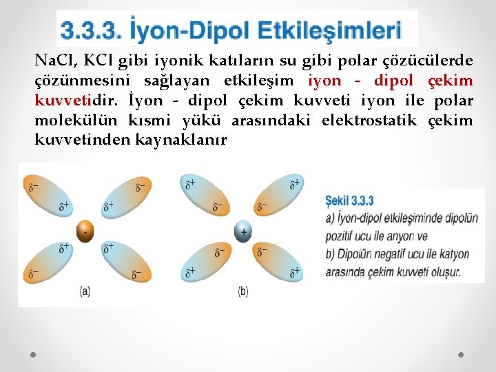 Na. Cl, KCl gibi iyonik katıların su gibi polar çözücülerde çözünmesini sağlayan etkileşim iyon