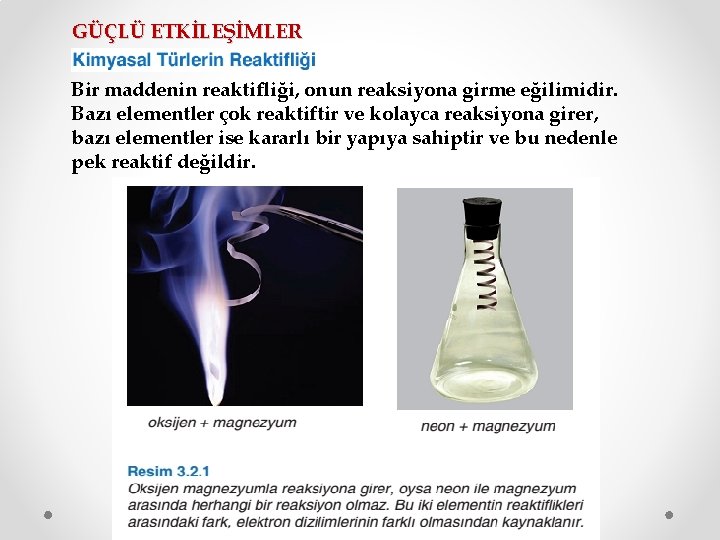 GÜÇLÜ ETKİLEŞİMLER Bir maddenin reaktifliği, onun reaksiyona girme eğilimidir. Bazı elementler çok reaktiftir ve