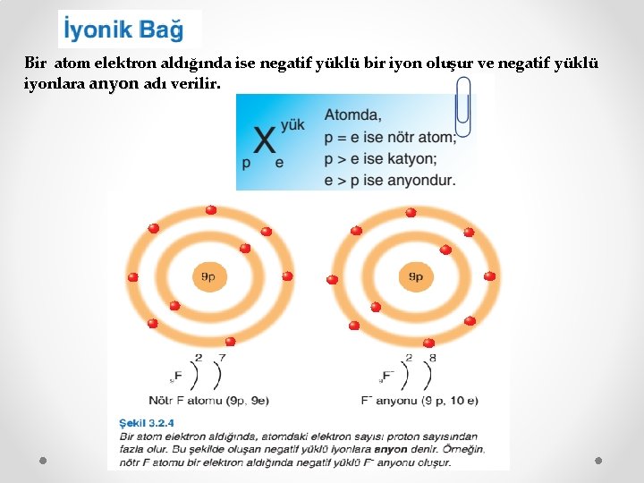 Bir atom elektron aldığında ise negatif yüklü bir iyon oluşur ve negatif yüklü iyonlara