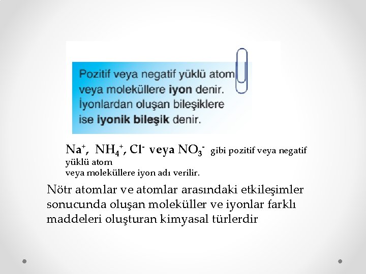 Na+, NH 4+, Cl- veya NO 3 - gibi pozitif veya negatif yüklü atom