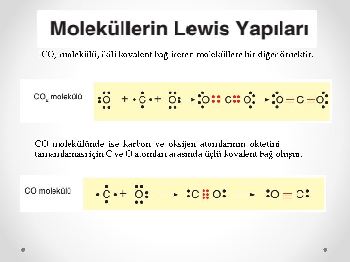 CO 2 molekülü, ikili kovalent bağ içeren moleküllere bir diğer örnektir. CO molekülünde ise