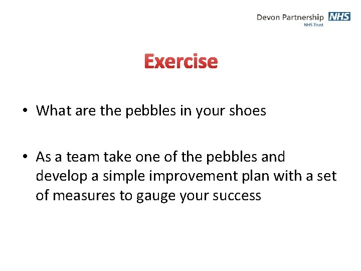 Exercise • What are the pebbles in your shoes • As a team take