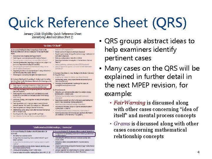 Quick Reference Sheet (QRS) • QRS groups abstract ideas to help examiners identify pertinent