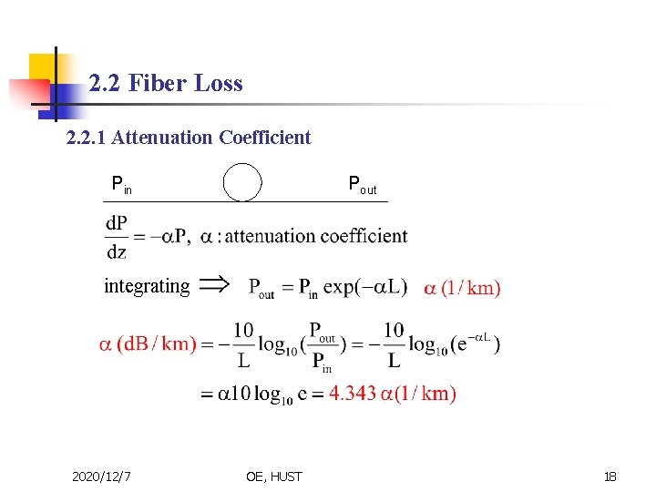 2. 2 Fiber Loss 2. 2. 1 Attenuation Coefficient Pin Pout integrating 2020/12/7 OE,