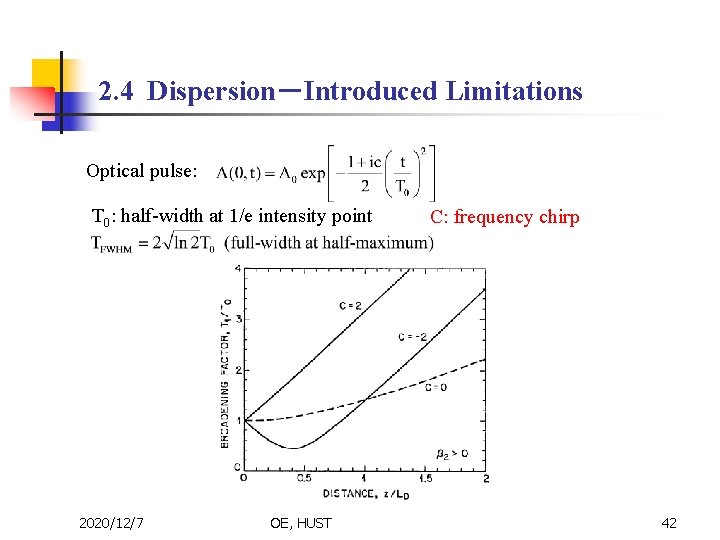 2. 4 Dispersion－Introduced Limitations Optical pulse: T 0: half-width at 1/e intensity point 2020/12/7