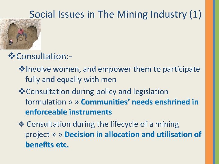 Social Issues in The Mining Industry (1) v. Consultation: v. Involve women, and empower