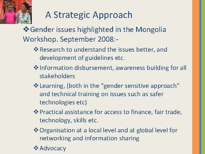 A Strategic Approach v. Gender issues highlighted in the Mongolia Workshop. September 2008: v.