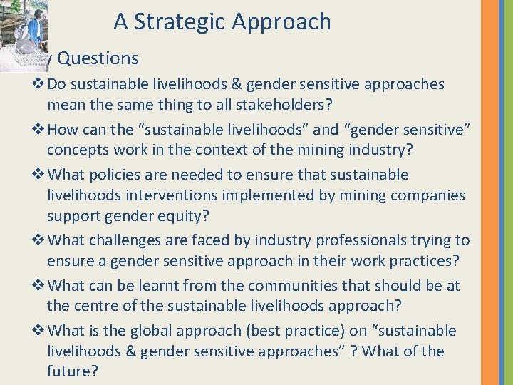 A Strategic Approach v. Key Questions v. Do sustainable livelihoods & gender sensitive approaches