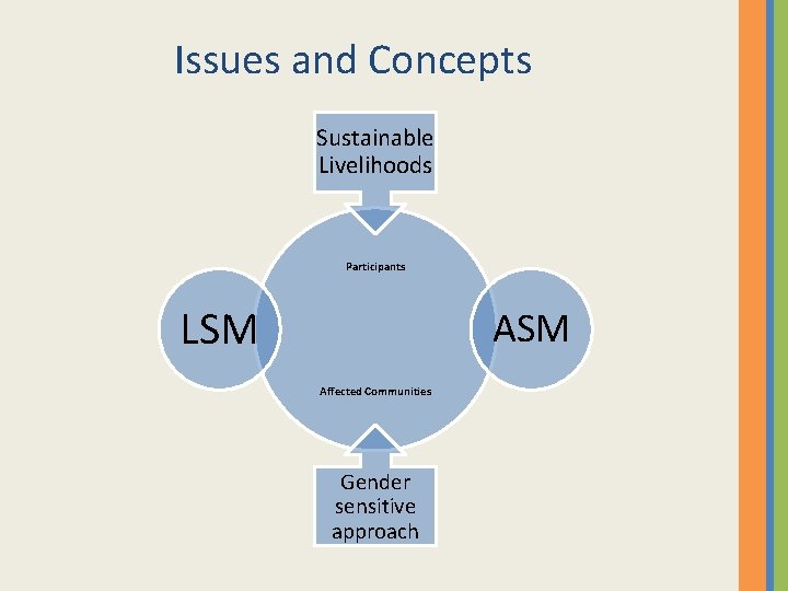 Issues and Concepts Sustainable Livelihoods Participants LSM Affected Communities Gender sensitive approach 