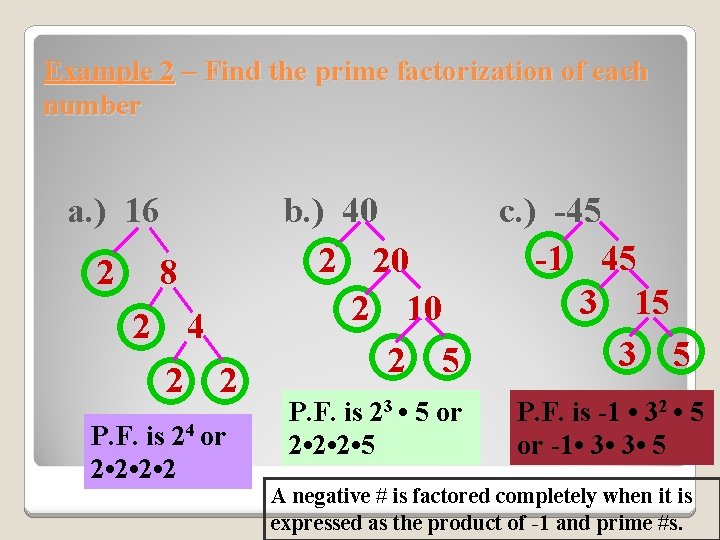 Example 2 – Find the prime factorization of each number a. ) 16 2