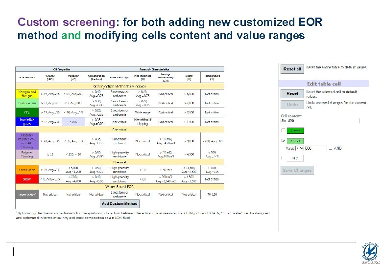 Custom screening: for both adding new customized EOR method and modifying cells content and
