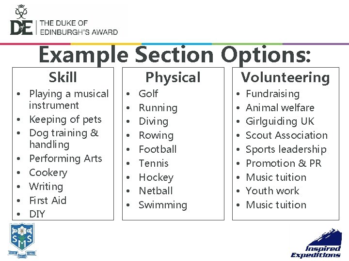 Example Section Options: Skill • Playing a musical instrument • Keeping of pets •