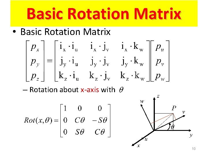 Basic Rotation Matrix • Basic Rotation Matrix – Rotation about x-axis with 10 