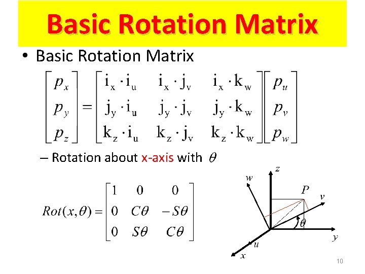 Basic Rotation Matrix • Basic Rotation Matrix – Rotation about x-axis with 10 Basic Rotation Matrix • Basic Rotation Matrix – Rotation about x-axis with 10