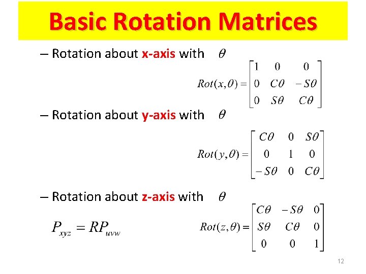 Basic Rotation Matrices – Rotation about x-axis with – Rotation about y-axis with – Basic Rotation Matrices – Rotation about x-axis with – Rotation about y-axis with –