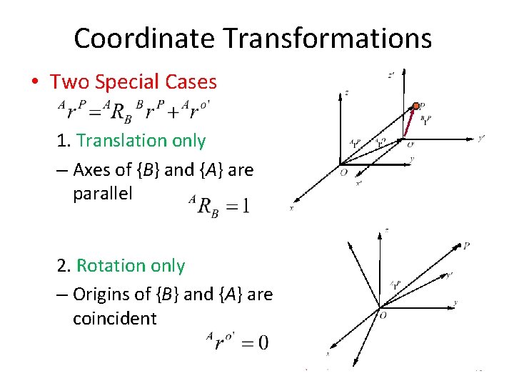 Coordinate Transformations • Two Special Cases 1. Translation only – Axes of {B} and