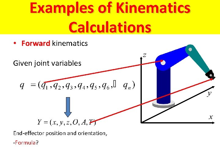 Examples of Kinematics Calculations • Forward kinematics Given joint variables End-effector position and orientation,