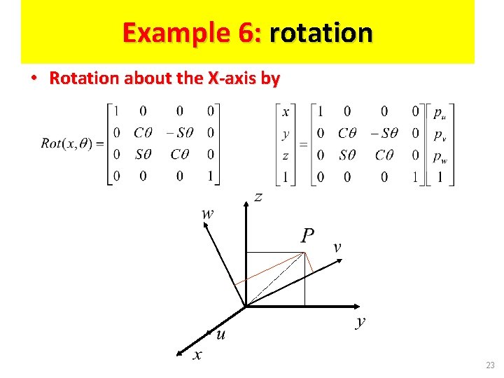 Example 6: rotation • Rotation about the X-axis by 23 