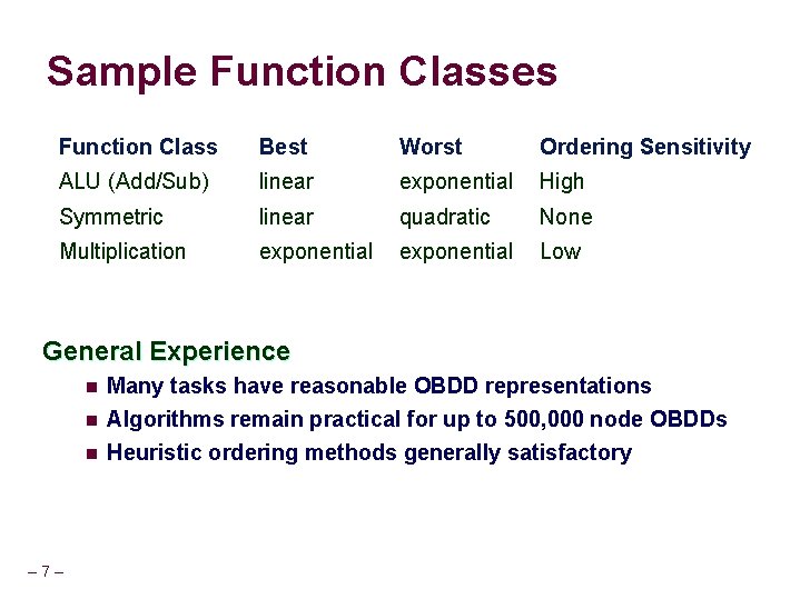 Sample Function Classes Function Class Best Worst Ordering Sensitivity ALU (Add/Sub) linear exponential High