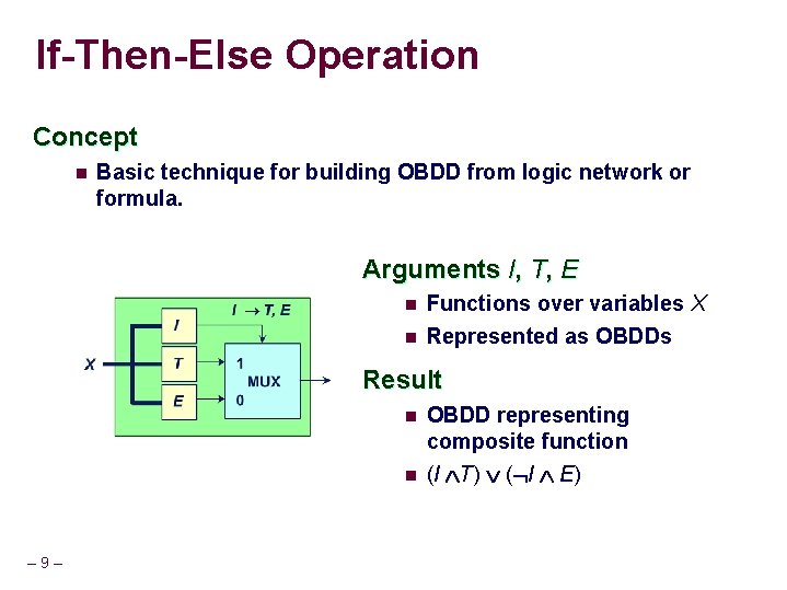 If-Then-Else Operation Concept n Basic technique for building OBDD from logic network or formula.