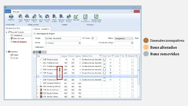 Dimensões incompatíveis Itens alterados Itens removidos 