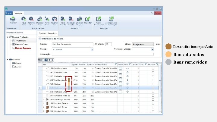 Dimensões incompatíveis Itens alterados Itens removidos 