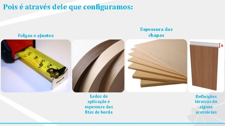 Pois é através dele que configuramos: Espessura das chapas Folgas e ajustes Lados de