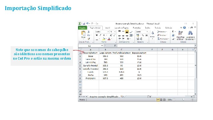 Importação Simplificado Note que os nomes do cabeçalho são idênticos aos nomes presentes no